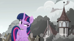 Size: 1366x768 | Tagged: safe, screencap, twilight sparkle, twilight sparkle (alicorn), alicorn, pony, rainbow roadtrip, building, desaturated, discovery family logo, female, folded wings, grayscale, hope hollow, mare, monochrome, raised eyebrow, raised hoof, solo, suspicious, tree, wings