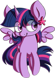 Size: 2786x3936 | Tagged: safe, artist:ekveviron, twilight sparkle, twilight sparkle (alicorn), alicorn, pony, cute, eye clipping through hair, female, flower, flower in hair, high res, mare, simple background, solo, spread wings, transparent background, twiabetes, wings