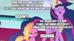 Size: 888x499 | Tagged: safe, edit, edited screencap, screencap, luster dawn, princess twilight 2.0, twilight sparkle, twilight sparkle (alicorn), alicorn, pony, unicorn, fame and misfortune, the last problem, caption, exploitable meme, image macro, implied fluttershy, luster dawn is not amused, meme, older, older twilight, reminiscing, text, twilight 2.0's reminiscences