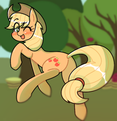 Size: 592x614 | Tagged: safe, artist:pomadora1, derpibooru import, applejack, earth pony, pony, blushing, cute, eye clipping through hair, female, jackabetes, mare, one eye closed, open mouth, solo, tree, wink