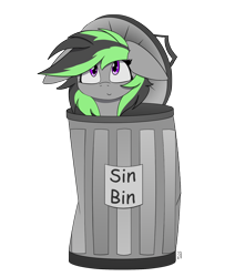 Size: 1376x1626 | Tagged: safe, artist:miaowwww, oc, oc only, oc:elli, pony, floppy ears, simple background, solo, transparent background, trash can