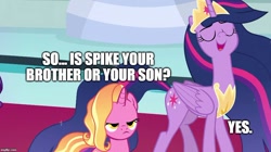 Size: 888x499 | Tagged: safe, edit, edited screencap, screencap, luster dawn, princess twilight 2.0, twilight sparkle, twilight sparkle (alicorn), alicorn, pony, unicorn, the last problem, caption, exploitable meme, image macro, implied spike, luster dawn is not amused, mathematician's answer, meme, mid-blink screencap, older, older twilight, text, twilight 2.0's reminiscences