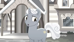 Size: 1366x768 | Tagged: safe, screencap, sunny skies, pony, rainbow roadtrip, building, desaturated, discovery family logo, grayscale, hope hollow, monochrome, sad, solo