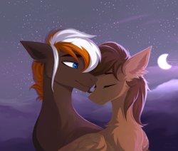 Size: 2361x2000 | Tagged: safe, artist:magicbalance, oc, oc only, oc:in7ac7, oc:wiley waves, earth pony, pegasus, pony, chest fluff, cloud, colored pupils, couple, cute, ear fluff, eyes closed, floppy ears, gay, male, moon, night, night sky, oc x oc, shipping, sky, stallion, stars, wings