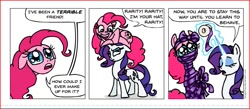 Size: 977x427 | Tagged: safe, artist:gingerfoxy, derpibooru import, pinkie pie, rarity, earth pony, pony, unicorn, pony comic generator, bondage, comic, duo, female, mare, mummification, ribbon, simple background, speech bubble, white background