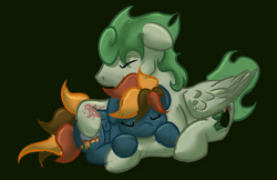 Size: 1024x662 | Tagged: safe, artist:amura-of-jupiter, oc, oc:hoxie redhoof, oc:morning raindew mist, pegasus, pony, female, hug, male, straight