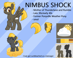 Size: 2500x2000 | Tagged: safe, artist:deserter, derpibooru import, ponybooru exclusive, oc, oc:nimbus shock, pegasus, abstract background, blue background, cloud, cropped tail, cutie mark, cutiespark, empty space, female, filly, flying nimbus, mare, mother, mullet, nimbus, proud, short, short hair, simple background, smol, spread wings, sun bleached, tomboy, wings