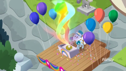 Size: 1366x768 | Tagged: safe, screencap, pony, unicorn, rainbow roadtrip, balloon, confetti, discovery family logo, elderly, hat, hope hollow, magic, rainbow, rainbow generator, stage, statue, sunny skies' grandfather, top hat