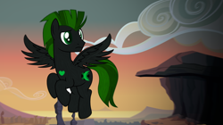 Size: 3708x2074 | Tagged: safe, artist:krx34, oc, oc only, oc:cyrax, cyborg, pegasus, pony, black, desert, heart, male, mohawk, shadow, solo, stallion, sunset, wings