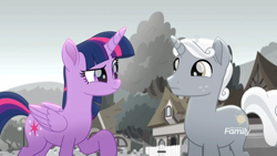 Size: 1366x768 | Tagged: safe, screencap, sunny skies, twilight sparkle, twilight sparkle (alicorn), alicorn, pony, rainbow roadtrip, colorless, desaturated, discovery family logo, duo, female, folded wings, freckles, grayscale, hope hollow, male, mare, monochrome, raised eyebrow, raised hoof, smiling, stallion, wings