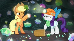 Size: 1920x1080 | Tagged: safe, derpibooru import, screencap, applejack, rarity, earth pony, pony, unicorn, dragon dropped, ascot tie, basket, blouse, gem cave, helmet, lantern, mining helmet