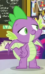 Size: 321x530 | Tagged: safe, screencap, spike, twilight sparkle, twilight sparkle (alicorn), alicorn, dragon, sparkle's seven, claws, cropped, male, offscreen character, smiling, solo focus, winged spike, wings