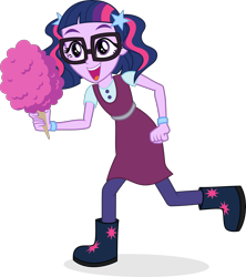 Size: 3756x4235 | Tagged: safe, artist:punzil504, sci-twi, twilight sparkle, equestria girls, adorkable, base used, boots, clothes, cotton candy, cute, dork, dress, female, glasses, leggings, shoes, simple background, smiling, solo, transparent background, younger