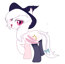 Size: 1461x1446 | Tagged: safe, artist:unichan, oc, oc only, oc:shikaka, bat pony, pony, albino, bat pony oc, bow, braided tail, clothes, ear fluff, female, hat, mare, open mouth, open smile, simple background, smiling, socks, solo, tail bow, transparent background, vampire bat pony, witch hat, ych result
