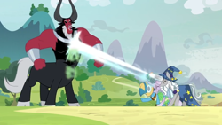 Size: 1366x768 | Tagged: safe, screencap, lord tirek, meadowbrook, mistmane, star swirl the bearded, centaur, earth pony, pony, unicorn, the ending of the end, blast, bracer, cloven hooves, curved horn, eyes closed, female, gas, hat, horn, laughing, magic, magic beam, magic blast, male, mare, mask, mountain, nose piercing, nose ring, outdoors, piercing, solo, stallion, taunting