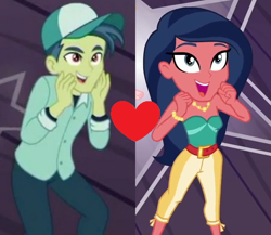 Size: 854x742 | Tagged: safe, screencap, desert sage, mile hill, human, better together, equestria girls, spring breakdown, all good (song), background human, bare shoulders, bracelet, cap, clothes, crack shipping, cropped, female, hat, heart, jewelry, male, milesage, necklace, open mouth, pants, shipping, shipping domino, sleeveless, why