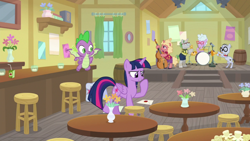 Size: 1920x1080 | Tagged: safe, screencap, chelsea porcelain, mr. waddle, spike, twilight sparkle, twilight sparkle (alicorn), alicorn, dragon, the point of no return, barrel, chair, double bass, drums, juice, juice box, letter, musical instrument, saddle bag, saxophone, table, winged spike