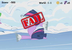 Size: 643x450 | Tagged: safe, edit, edited screencap, screencap, twilight sparkle, pony, winter wrap up, faceplant, fail, ice skating, video game