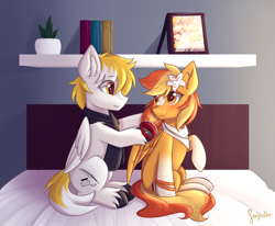 Size: 1780x1467 | Tagged: safe, artist:sonigiraldo, oc, oc:serenity, oc:white feather, pegasus, pony, bandana, bed, bedroom, book, bracelet, brushing, clothes, female, flower, flower in hair, hairbrush, jewelry, male, mare, necklace, on bed, picture frame, plant, scarf, serenither, sitting, stallion