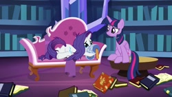 Size: 1920x1080 | Tagged: safe, derpibooru import, screencap, rarity, twilight sparkle, twilight sparkle (alicorn), alicorn, pony, unicorn, dragon dropped, book, bookshelf, fainting couch, library, marshmelodrama, messy mane, twilight's castle, twilight's castle library