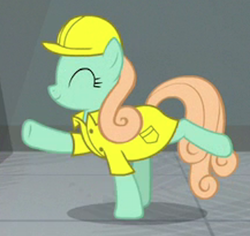 Size: 407x384 | Tagged: safe, screencap, earth pony, pony, the last laugh, background pony, clothes, cropped, eyes closed, female, hard hat, mare, raised hoof, solo, summermint, uniform, unnamed pony, worker