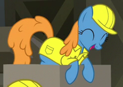 Size: 465x329 | Tagged: safe, screencap, earth pony, pony, the last laugh, background pony, clothes, cropped, eyes closed, female, giggleberry, hard hat, laughing, mare, solo, uniform, worker