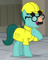 Size: 460x567 | Tagged: safe, screencap, earth pony, pony, the last laugh, background pony, clothes, cropped, eyes closed, fake nose, glasses, groucho mask, hard hat, laughing, male, raised hoof, solo, stallion, uniform, unnamed pony, worker