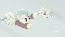 Size: 1366x768 | Tagged: safe, screencap, barley barrel, pickle barrel, pony, rainbow roadtrip, barrel twins, desaturated, discovery family logo, flying, grayscale, monochrome, siblings, sky, twins