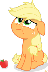 Size: 1500x2257 | Tagged: safe, artist:arifproject, derpibooru import, applejack, earth pony, pony, going to seed, apple, cute, female, filly, filly applejack, food, frown, inkscape, jackabetes, looking up, sad, sadorable, simple background, sitting, solo, transparent background, vector, younger