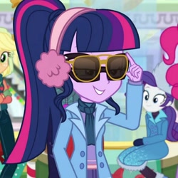 Size: 1024x1024 | Tagged: safe, screencap, rarity, sci-twi, twilight sparkle, better together, equestria girls, holidays unwrapped, cropped, sunglasses