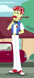 Size: 444x996 | Tagged: safe, screencap, flam, better together, equestria girls, holidays unwrapped, arm behind back, car, clothes, cropped, male, pants, shoes, solo