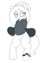 Size: 2000x2800 | Tagged: safe, artist:notenoughapples, oc, oc:lonely light, earth pony, pony, beanie, clothes, hat, hoodie, monochrome, skateboard, solo