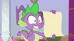 Size: 1280x720 | Tagged: safe, edit, edited screencap, screencap, spike, dragon, sparkle's seven, claws, exploitable meme, male, meme, meme template, reaction image, scroll, smiling, solo, tail, winged spike, wings