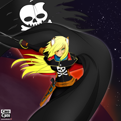 Size: 4000x4000 | Tagged: safe, artist:caoscore, derpibooru import, applejack, anthro, anime, applerack, breasts, cape, captain harlock, clothes, crossover, eyepatch, flag, gun, handgun, jolly roger, pirate, pistol, ponified, scar, skull and crossbones, space, space pirate, stars, sword, weapon