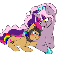 Size: 3200x2400 | Tagged: safe, artist:jolliapplegirl, oc, oc:epic rhyme, oc:sirius veil, earth pony, pony, unicorn, bags under eyes, blushing, couple, cuddling, female, magical lesbian spawn, male, mare, next generation, offspring, parent:princess celestia, parent:quibble pants, parent:rainbow dash, parent:twilight sparkle, parents:quibbledash, parents:twilestia, stallion