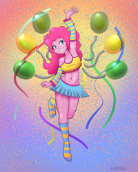 Size: 800x1000 | Tagged: safe, artist:empyu, pinkie pie, equestria girls, adorasexy, armpits, balloon, breasts, clothes, cute, diapinkes, female, legs, miniskirt, missing shoes, pinkie pies, sexy, skirt, smiling, socks, streamers, striped socks, thighs