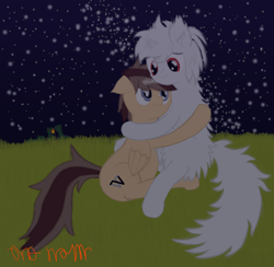 Size: 4000x3900 | Tagged: safe, artist:onil innarin, oc, oc only, oc:asla praki, original species, pony, albino, duo, female, fluffy, grass, grass field, hug, looking at each other, male, mare, night, red eyes, scenery, signature, snuggling, stallion, stars, white mane