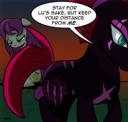 Size: 1124x1064 | Tagged: safe, artist:dsana, edit, fizzlepop berrytwist, tempest shadow, oc, oc:thistledown, earth pony, pony, unicorn, comic:a storm's lullaby, canon x oc, comic, cropped, female, lesbian, rejection, sad, scar, shipping, teary eyes