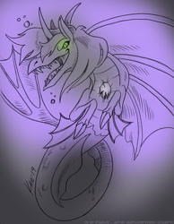 Size: 854x1100 | Tagged: safe, artist:kaemantis, siren, colored sketch, commission, fangs, fins, fish tail, glowing eyes, horn, kellin quinn, male, open mouth, sketch, sleeping with sirens, solo, true form, underwater