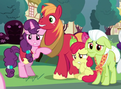 Size: 792x582 | Tagged: safe, screencap, apple bloom, big macintosh, granny smith, sugar belle, earth pony, pony, unicorn, the ending of the end, concerned, cropped, female, filly, frown, hug, husband and wife, male, mare, nervous, ponyville, rearing, scared, shipping, sitting, stallion, straight, sugarmac, worried