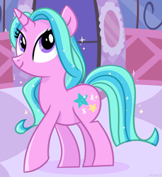 Size: 1136x1240 | Tagged: safe, artist:bittaluck, starbeam twinkle, pony, unicorn, carousel boutique, female, mare, smiling, solo, sparkles