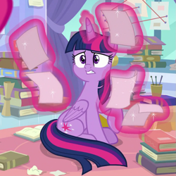 Size: 703x702 | Tagged: safe, screencap, twilight sparkle, twilight sparkle (alicorn), alicorn, pony, the ending of the end, book, concerned, cropped, female, glowing horn, gritted teeth, horn, letter, magic, mare, sitting, solo, telekinesis, worried