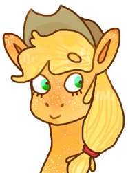 Size: 387x520 | Tagged: safe, artist:foxumbrella, derpibooru import, applejack, earth pony, pony, applejack's hat, beanbrows, bust, cowboy hat, eyebrows, eyebrows visible through hair, female, freckles, hat, mare, simple background, smiling, solo, transparent background