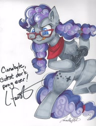 Size: 2475x3236 | Tagged: safe, artist:jadedjynx, oc, oc only, oc:cinnabyte, earth pony, pony, bipedal, controller, female, glasses, mare, neckerchief, solo, tongue out, traditional art