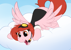 Size: 4093x2894 | Tagged: safe, artist:sugaryviolet, oc, oc:weathervane, pegasus, pony, clothes, cloud, crouching, female, headset, looking down, mare, microphone, shirt, solo, spread wings, wings