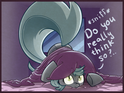 Size: 1280x960 | Tagged: safe, artist:az-pekt, oc, oc only, oc:grey mouse, bat pony, pony, ask grey mouse, ass up, bed, female, looking at you, mare, solo, talking to viewer