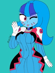 Size: 1536x2048 | Tagged: safe, artist:c_w, sonata dusk, equestria girls, belly button, breasts, clothes, cosplay, costume, d.va, female, jewelry, looking at you, one eye closed, overwatch, peace sign, pendant, plump, skintight clothes, smiley face, solo, sonata bust, thighs, tongue out, wink