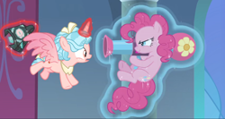 Size: 1366x728 | Tagged: safe, derpibooru import, screencap, cozy glow, pinkie pie, alicorn, pony, the ending of the end, alicornified, banner, bell, cozybuse, cozycorn, flying, grogar's bell, levitation, magic, nose wrinkle, party bazooka, race swap, rocket launcher, surprised, telekinesis, this will end in pain, this will end in tears