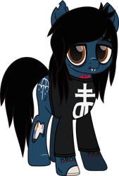 Size: 797x1182 | Tagged: safe, artist:lightningbolt, derpibooru exclusive, earth pony, pony, undead, zombie, zombie pony, .svg available, bags under eyes, bloodshot eyes, bone, bring me the horizon, clothes, colored pupils, drop dead clothing, fangs, frown, glasgow smile, leviathan cross, lip piercing, long sleeves, looking at you, male, movie accurate, oliver sykes, piercing, ponified, scar, shirt, simple background, solo, stallion, stitches, svg, tattoo, torn ear, transparent background, vector