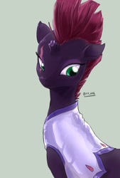 Size: 1377x2039 | Tagged: safe, artist:oberon826, tempest shadow, pony, unicorn, my little pony: the movie, broken horn, clothes, cute, female, horn, mare, scar, simple background, solo, tempestbetes